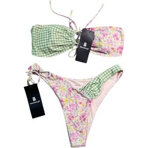 Blackbough Swim Floral Gingham Bikini‎ Set Strapless Top High Cut Bottom XL